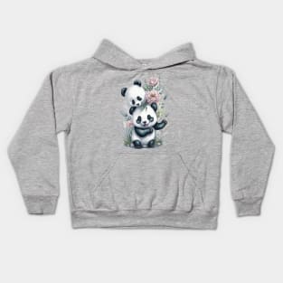 Two funny Pandas around Flowers: Scattered Watercolor in Pastel Colors Kids Hoodie